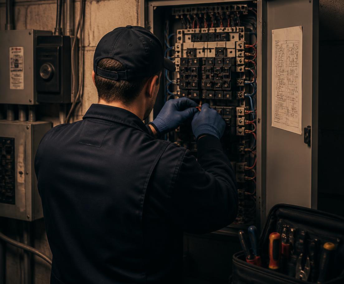 Surge electrician working on an electrical panel